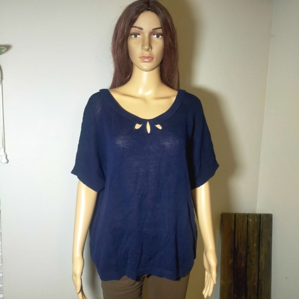 Anthropologie Moth Navy Blue Linen Blend Short Sleeve Knit Blouse Top